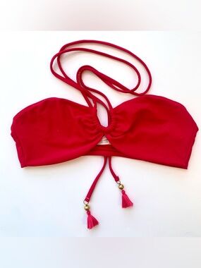 Ramy Brook Parker Halter Bikini Top Red Ribbon w/ Tassel Ties Small